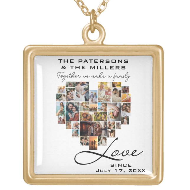 Wedding Family Anniversary Heart Photo Collage Gold Plated Necklace (Front)
