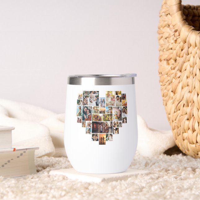 Wedding Family Anniversary Heart Photo Collage Thermal Wine Tumbler (Living Room)