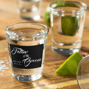 Wedding Father of the Groom White Script on Black Shot Glass