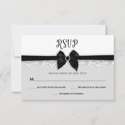 WEDDING Faux Black BowRibbonJewel Pin Elegant RSVP Card