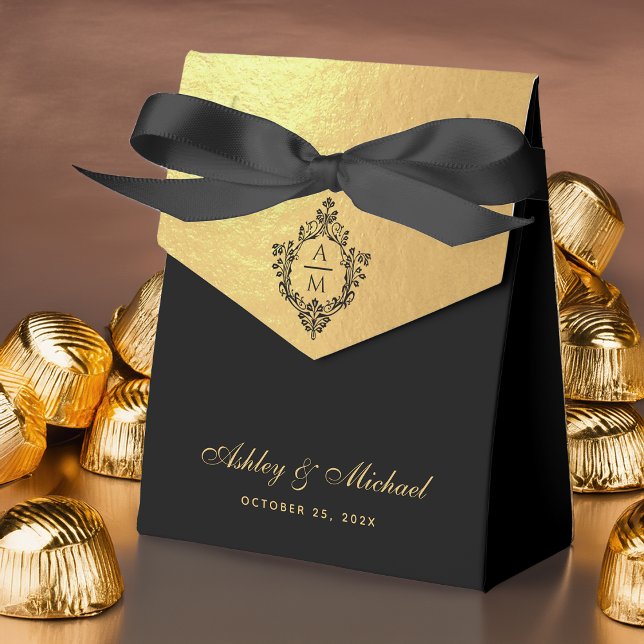 Wedding Faux Gold Black Monogram in Crest Luxury  Favor Boxes (Creator Uploaded)