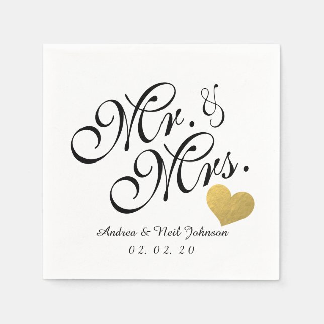 Wedding Faux Gold Foil Heart Elegant Mr. and Mrs. Paper Napkins (Front)