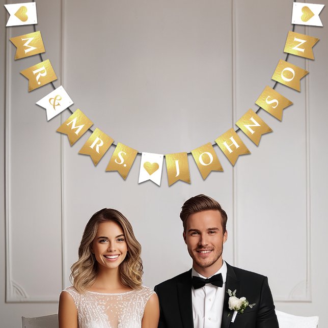 Wedding Faux Gold Mr. & Mrs. Custom Name 7 Letters Bunting Flags (Creator Uploaded)