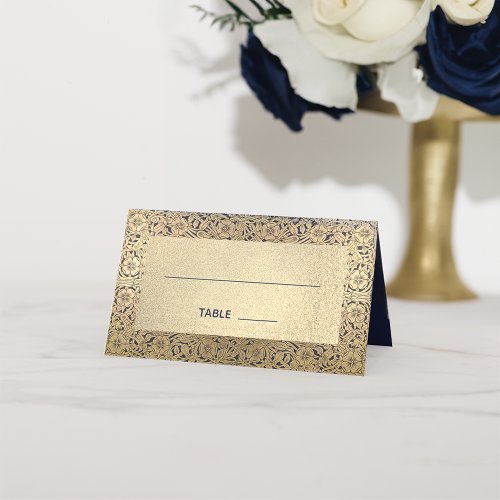 Wedding Faux Gold Navy Blue Vintage Floral Classy  Place Card