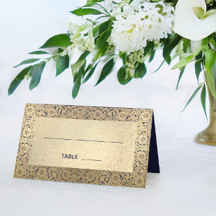 Wedding Faux Gold Navy Blue Vintage Floral Classy Place Card