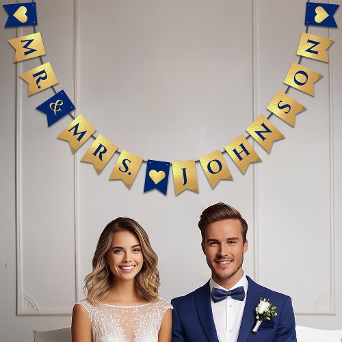 Wedding Faux Gold Royal Blue Mr  Mrs Name Heart Bunting Flags