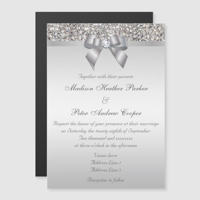 Wedding Faux Silver Sequins Bow Magnetic Invitation (Front/Back)