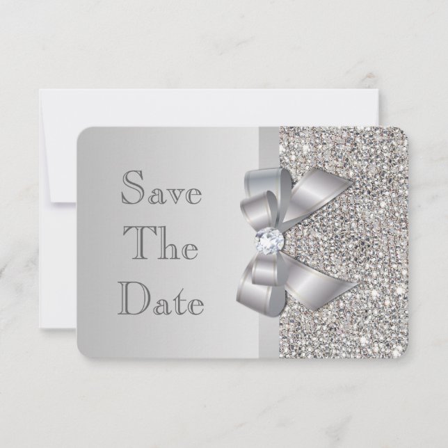 Wedding Faux Silver Sequins Bow Save The Date (Front)