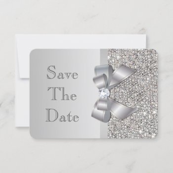 Wedding Faux Silver Sequins Bow Save The Date by AJ_Graphics at Zazzle
