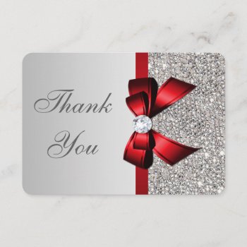 Wedding Faux Silver Sequins Red Bow Thank You by AJ_Graphics at Zazzle