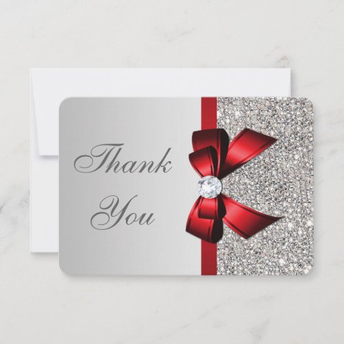 Wedding Faux Silver Sequins Red Bow Thank You
