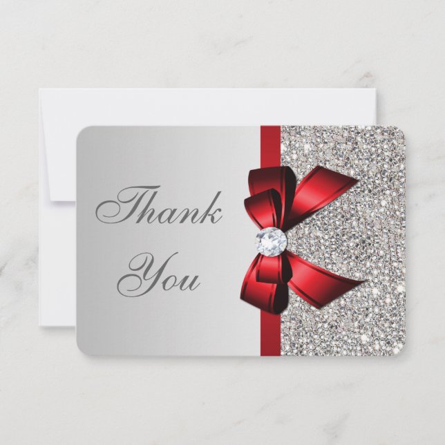 Wedding Faux Silver Sequins Red Bow Thank You Card (Front)