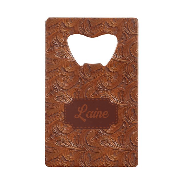 Wedding Faux Tooled Leather Look Credit Card Bottle Opener (Front)