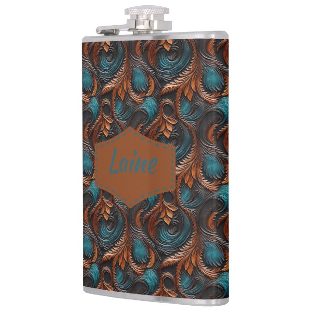 Wedding Faux Tooled Leather Look Flask (Left)