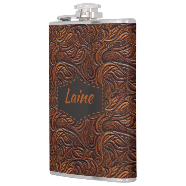 Wedding Faux Tooled Leather Look Flask (Left)
