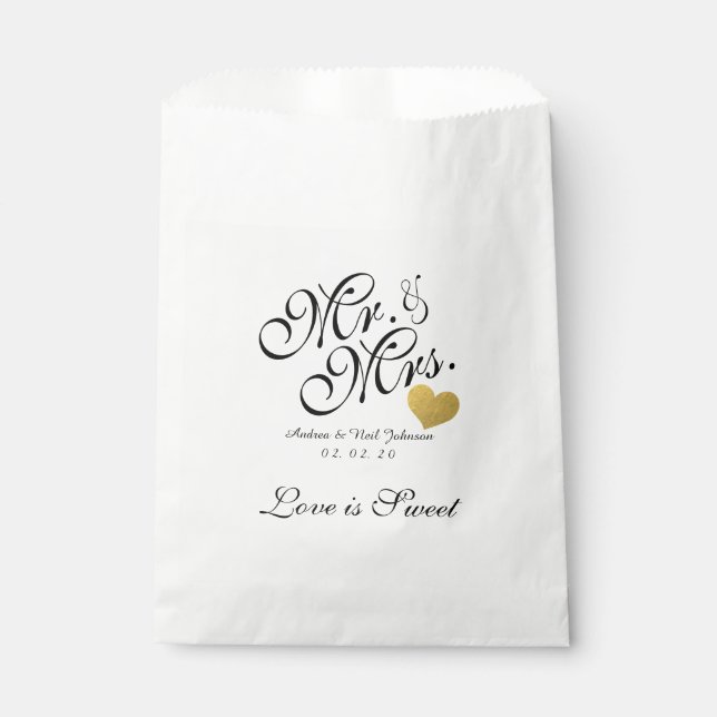 Wedding Favor Bag Faux Gold Foil Heart Mr. & Mrs. (Front)