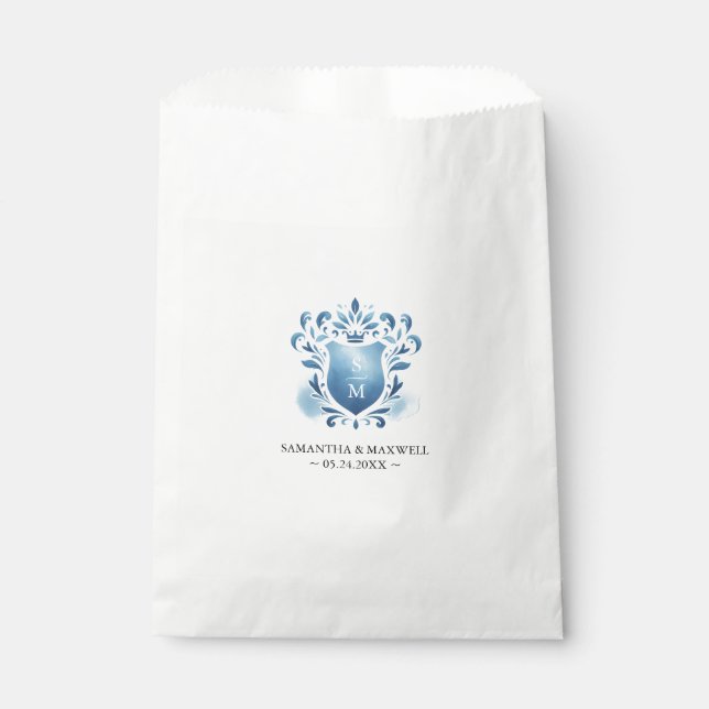 Wedding Favor Bags Blue Monogrammed Crest (Front)