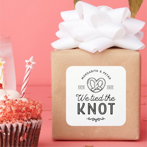 Wedding Favor Bags  Pretzel Bags We Tied The Knot  Square Sticker