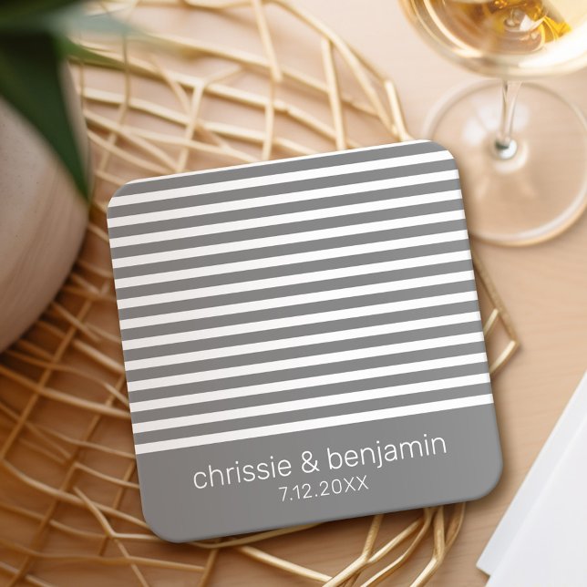 Wedding Favor Bride Groom Date Stripes Gray White Square Paper Coaster (Wedding Coasters - Personalize with the bride and groom names)