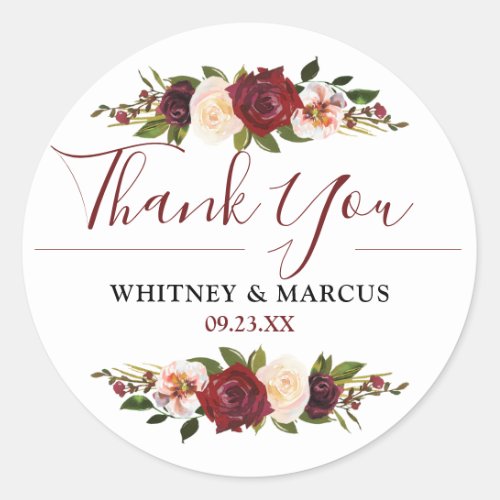 Wedding Favor Burgundy Blush Floral Boho Classic Round Sticker