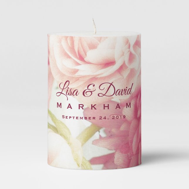 Wedding Favor Decor Pillar Candle 3x4-inch Peonies (Front)