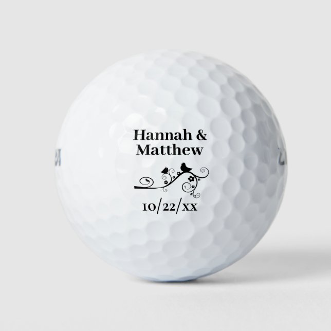 Wedding Favor Elegant Modern Love Birds Black Golf Balls (Front)