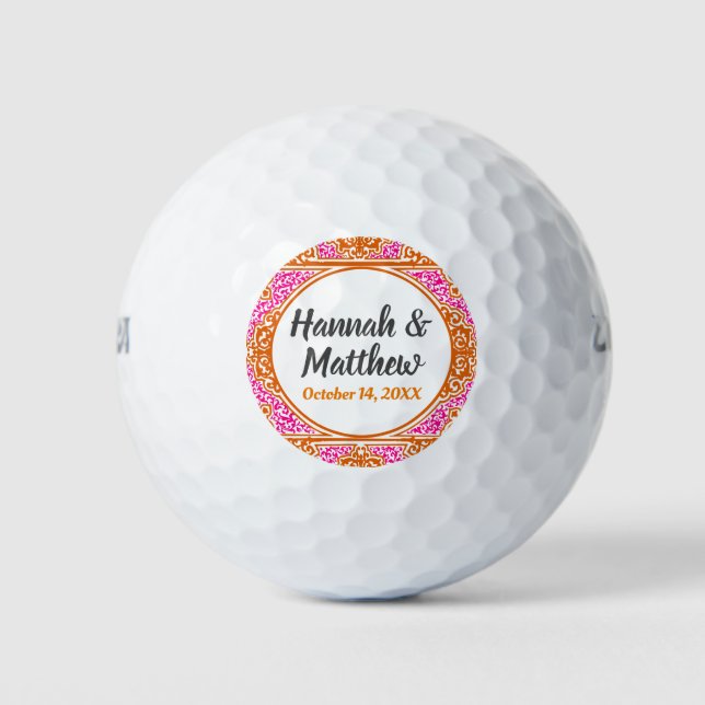 Wedding Favor Elegant Orange Pink Scroll Golf Balls (Front)