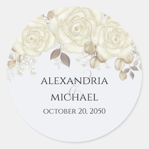 Wedding Favor Elegant Watercolor Floral White Rose Classic Round Sticker