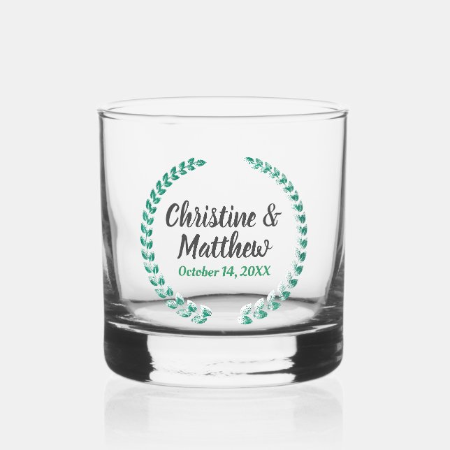 Wedding Favor Elegant Wreath Leaves Green Whiskey Glass (Front)