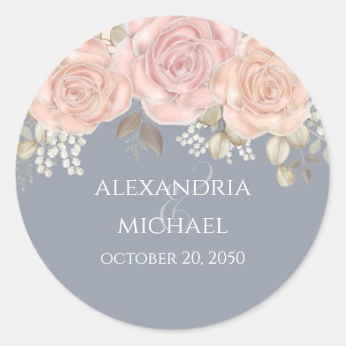 Wedding Favor Floral Watercolor Rose Dusty Blue Classic Round Sticker