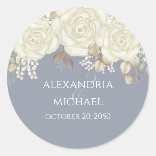 Wedding Favor Floral White Rose Blue Watercolor Classic Round Sticker