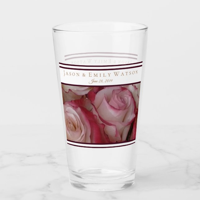 Wedding Favor Glass White-Pink-Roses Wine Accents (Front)