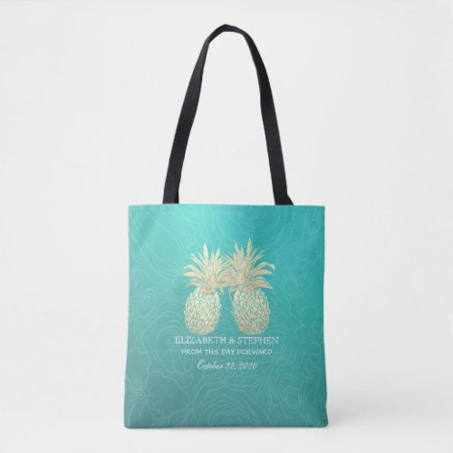 Wedding Favor Gold Foil Pineapple Couple Teal Rose Tote Bag