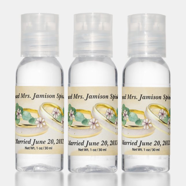 Wedding Favor, Gold Rings, Flowers & Faux Glitter Hand Sanitizer (Set)