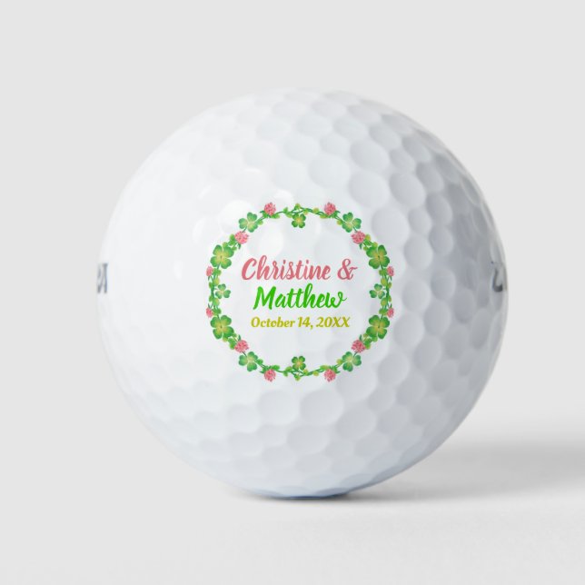Wedding Favor Irish Clover Wreath Calligraphy Golf Balls (Front)