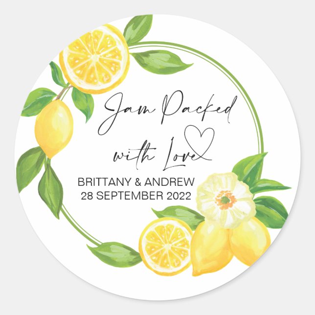 Wedding Favor Jam Packed With Love Lemons Classic Round Sticker (Front)