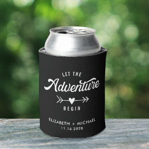 Let The Adventure Begin, Wedding Can Cooler, Custom Wedding offers Favors, Beverage Insulators, Beer Huggers, Personalized Wedding Favors - T771