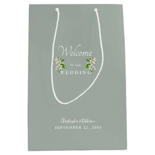 Wedding Favor Light Sage Names Floral Medium Gift Bag