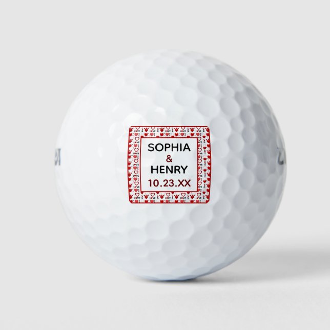 Wedding Favor Love and Hearts Red Black Golf Balls (Front)