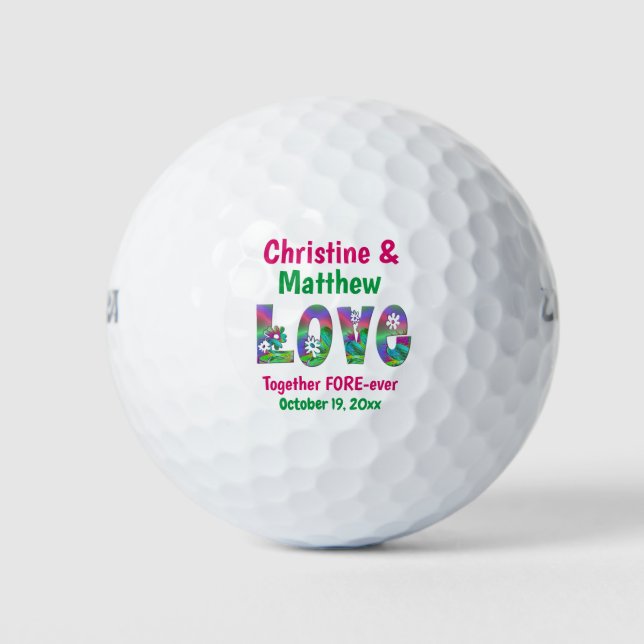 Wedding Favor Love Forever Retro Flowers Golf Balls (Front)