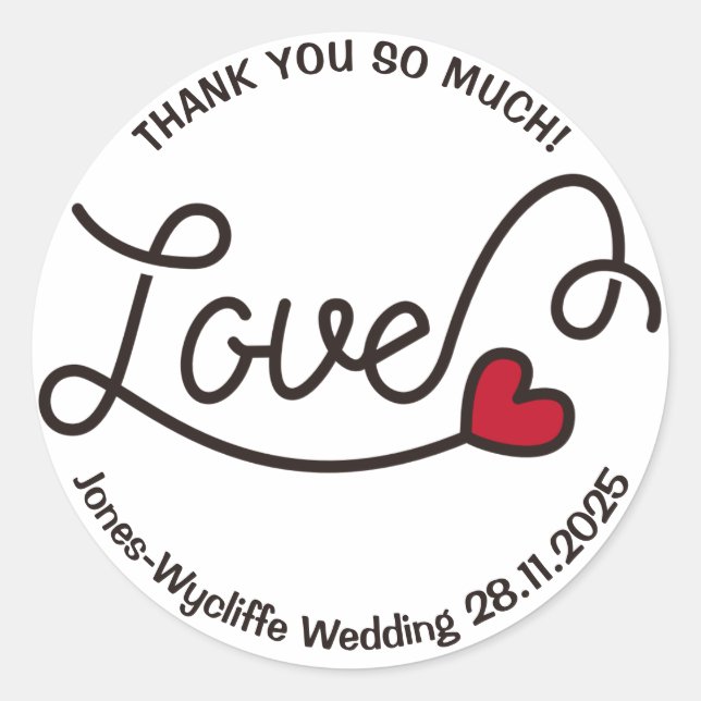Wedding Favor Love Red Heart Typography Art Classic Round Sticker (Front)