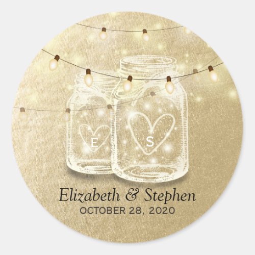 Wedding Favor Mason Jar String Lights Gold Foil Classic Round Sticker