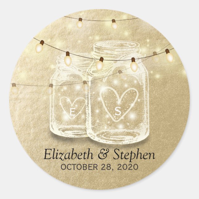 Wedding Favor Mason Jar String Lights Gold Foil Classic Round Sticker (Front)