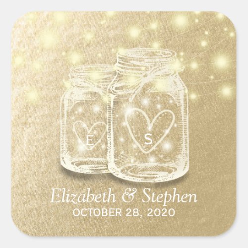 Wedding Favor Mason Jar String Lights Gold Foil Square Sticker