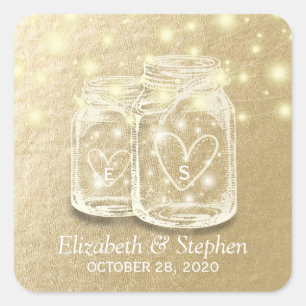 Wedding Favor Mason Jar String Lights Gold Foil Square Sticker