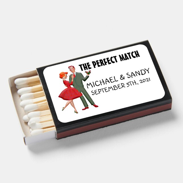 WEDDING FAVOR MATCH BOX SET RETRO COUPLE (Front Open)