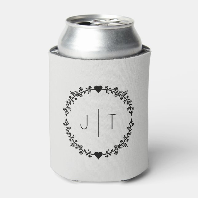 Wedding Favor Monogram Heart Wreath Gray Pastel  Can Cooler (Can Front)