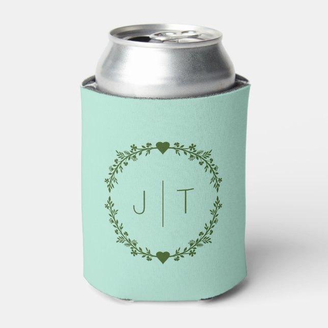 Wedding Favor Monogram Heart Wreath Green Pastel  Can Cooler (Can Front)