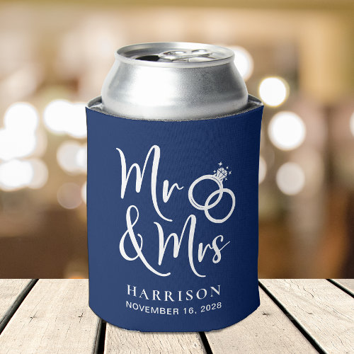 Wedding Favor Mr and Mrs Navy Blue Can Cooler