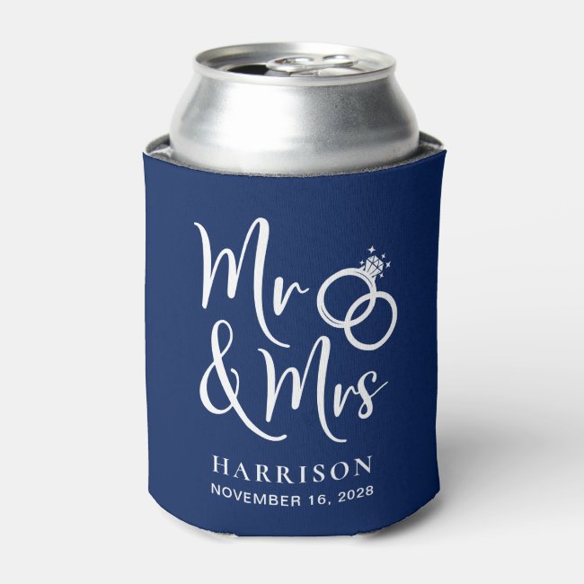 Wedding Favor Mr and Mrs Navy Blue Can Cooler